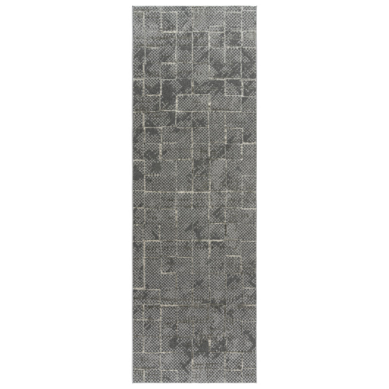 Trevi Zalo Modern Abstract Cross Hatch Gray Ivory Polyester Area Rug, Runner 2'7" x 8'