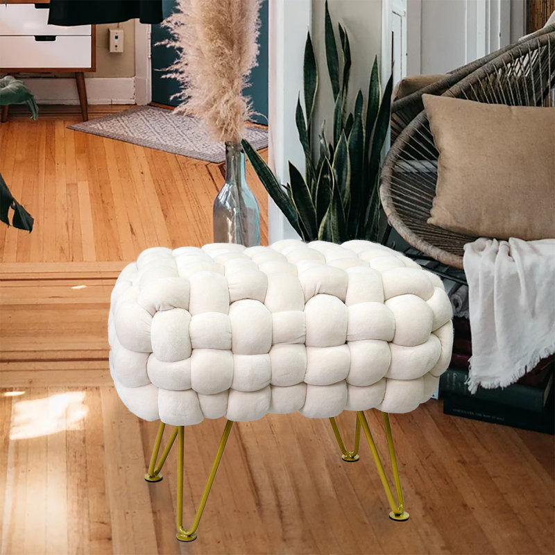 Opheim Velvet Ottoman, Ivory  Velvet