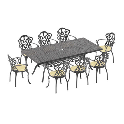 Ensemble de 9 meubles de patio en aluminium coulé avec cadre noir et coussins de siège blanc cassé (même référence: W1710S00174)