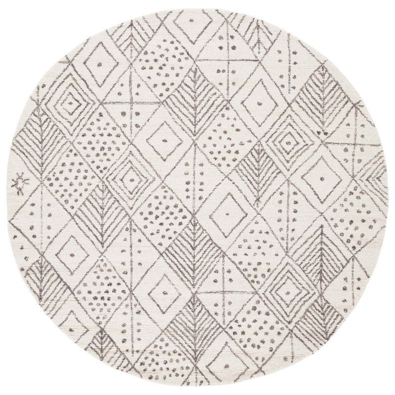 Anaira Hand Tufted Wool/Cotton Geometric Rug in Ivory/Brown, Round 6'