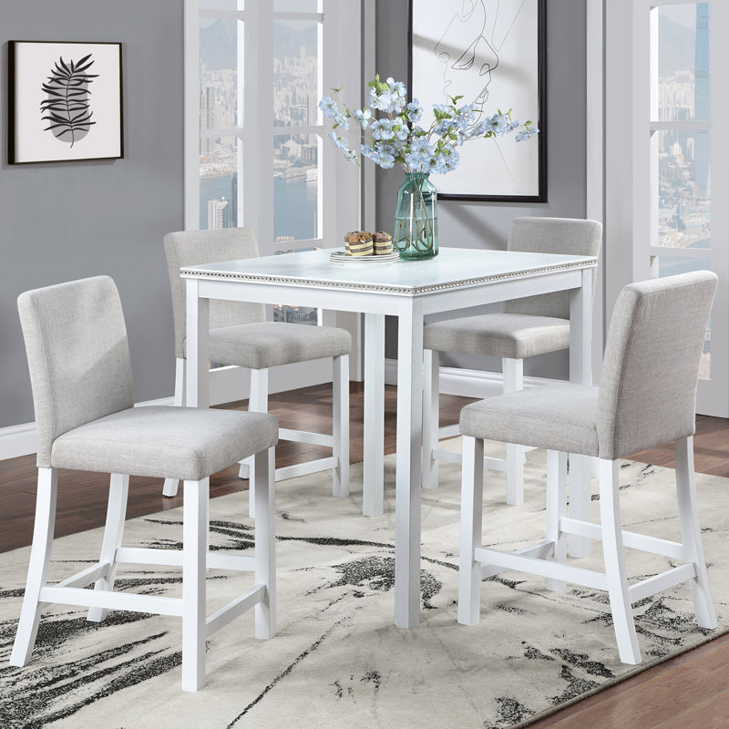 Table de salle à manger carrée blanche à hauteur de comptoir pour 4 personnes, lignes épurées, bords en cristal acrylique, pieds en bois massif pour un plateau de table imperméable, une structure et des pieds faciles à installer