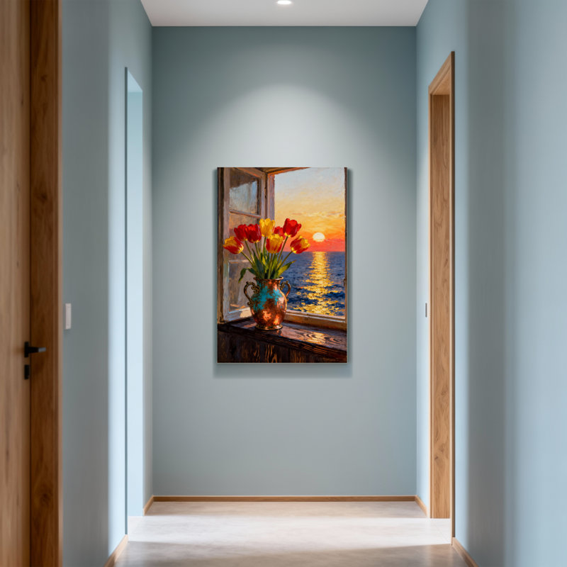 Plantes et fleurs, coucher de soleil, vue sur l'océan, tulipes dans un vase, H 12 po x l 18 po