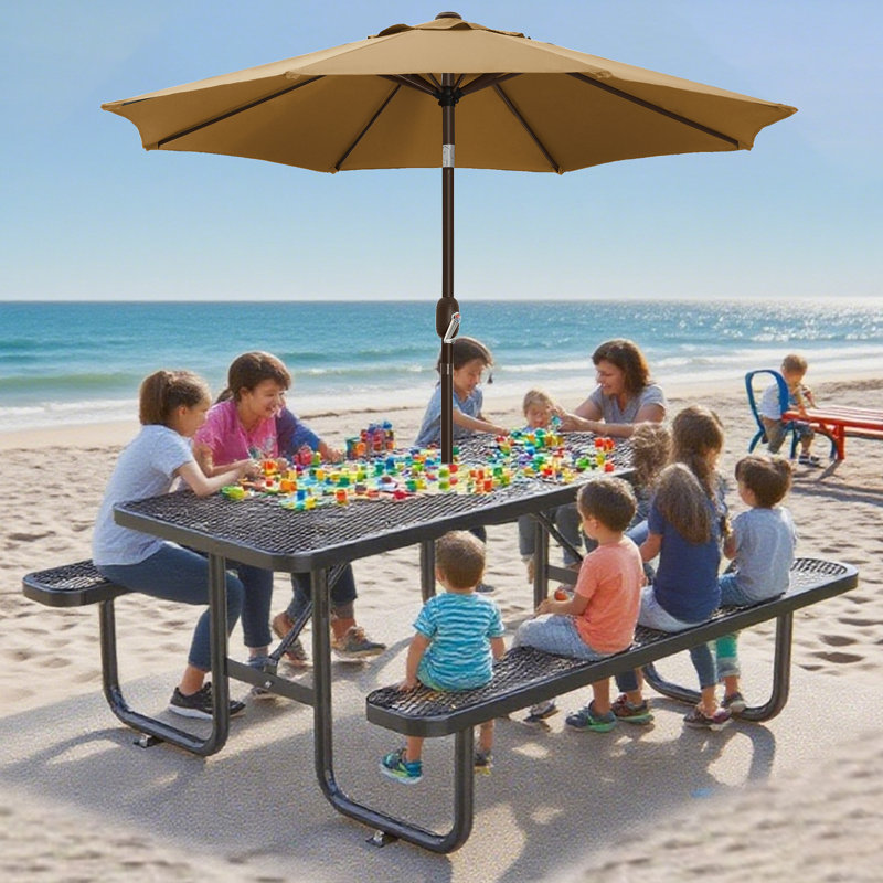 8 Ft. Rectangular Metal Outdoor Picnic Table With Umbrella Hole, Black