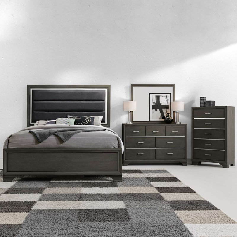 Ensemble de chambre à coucher moderne gris anthracite avec lit tapissier très grand, commode, miroir et commode, Très grand