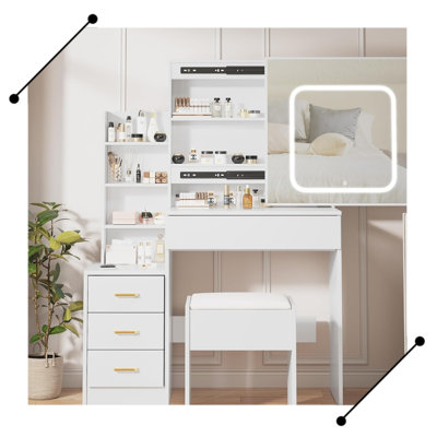 Vanity Desk with Mirror and Led Lights, Makeup Vanity Desk with Sliding Lighted Mirror by Ivy Bronx