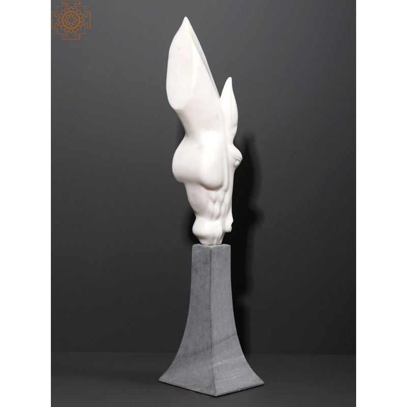32" Large White Marble Horse Head Sculpture on Grey Stone Base – Modern Art Décor for Living Room & Office