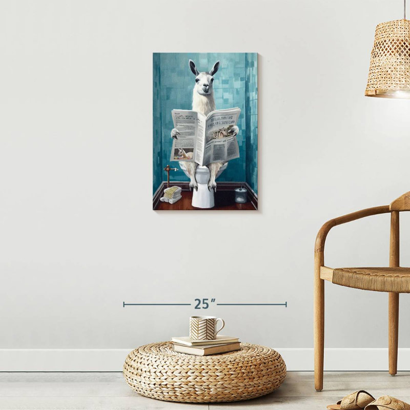 Lama sur une toilette sur toile, H 24 po x l 16 po x P 1,25 po