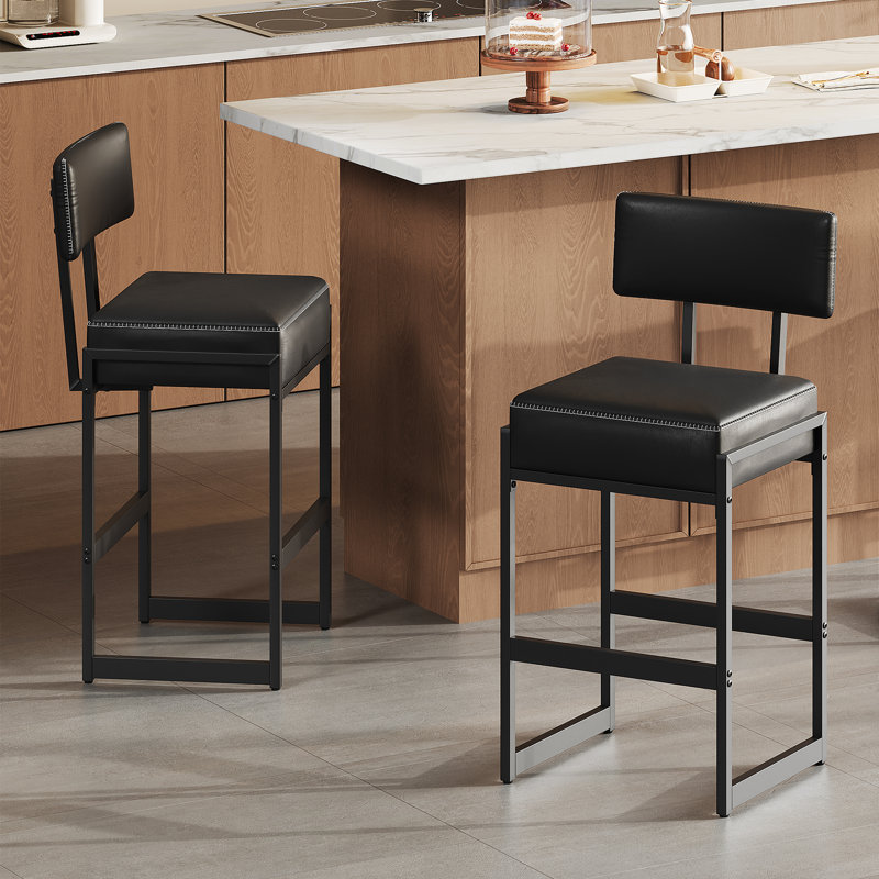 26.7"H Faux Leather Upholstered Counter Stool with Metal Frame, Black, 2