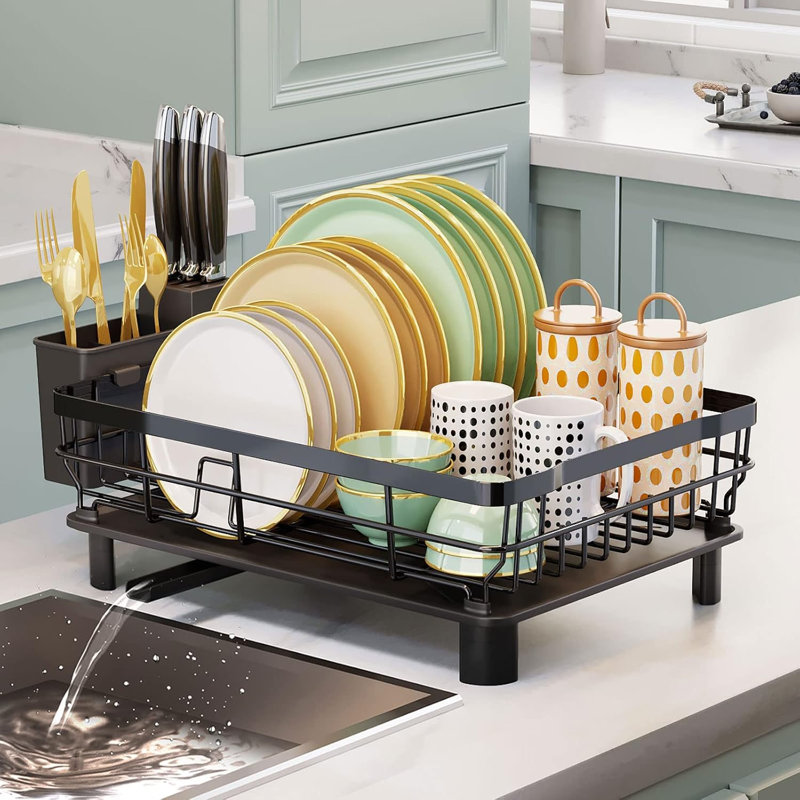 Metal Dish Drying Rack Automatic Drainage, Black, Large Removable Cutlery Basket, Drainboard & Knife Slots, Dish Drainers