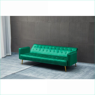 Sofas Couches | Modern Convertible Sofa Bed, Velvet, Golden Metal Legs, for Small Living Rooms | Green | Solid Wood+MDF