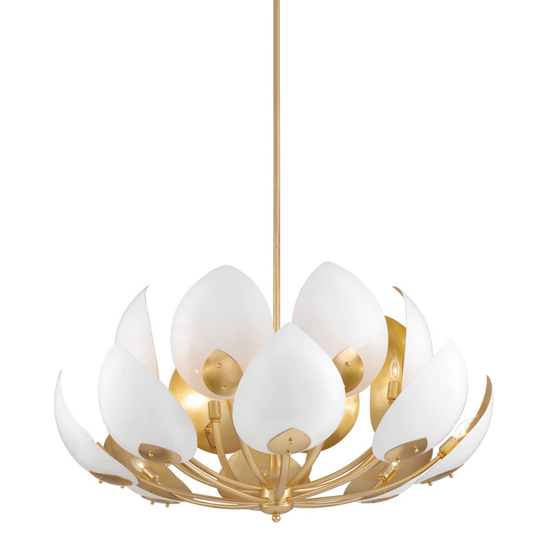 Gold Leaf and White Teardrop Brass Chandelier with Metal Shade