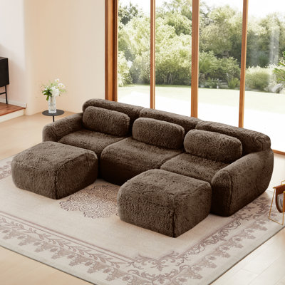 114.7" Fluffy Plush Fabric 3-Seater Boneless Sofa with Anti-Slip Bottom, 2 Movable Ottomans and 3 Throw Pillows