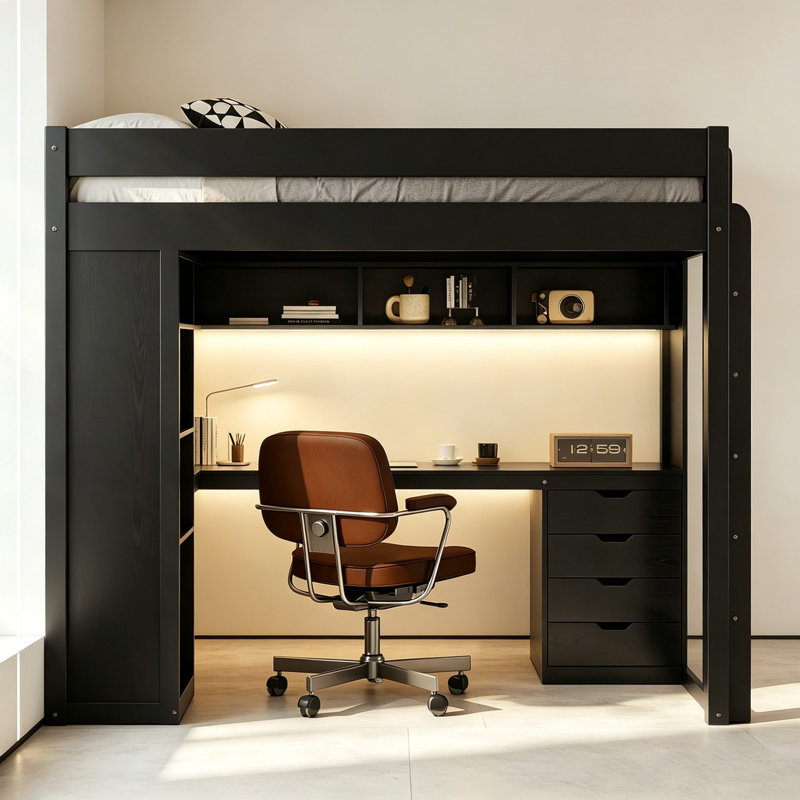 Loft Bed with Lighted Desk, Storage Drawers, Bookcase and Charging Station, Black, Full
