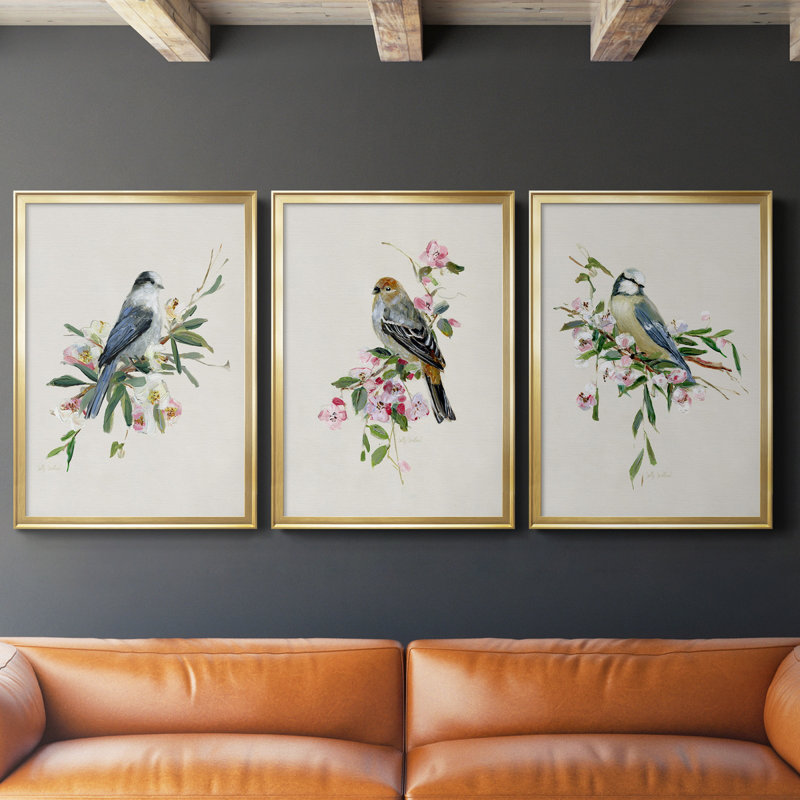 «Spring Song Blue Bird», ensemble de 3 peintures sur toile encadrées, Toile avec cadre or, H 30,5 po x l 127,5 po x P 1,5 po
