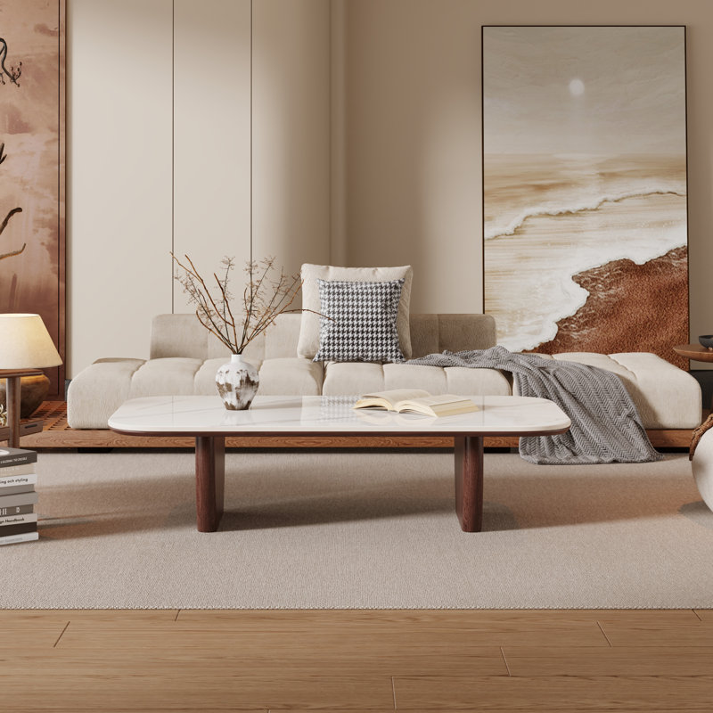 Table basse rectangulaire de 51 po Neatha, plateau de table en pierre frittée blanche, pieds en bois massif brun, Brun