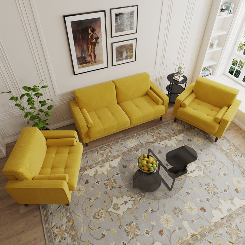 Ensemble de sièges en velours côtelé capitonné 3 pièces Carmelinda, Jaune