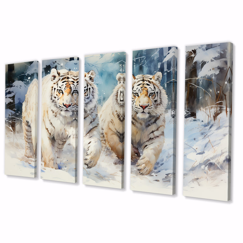 5 tigres blancs jouant dans la neige IV - Tigre, art mural 5 pièces, H 32 po x l 80 po