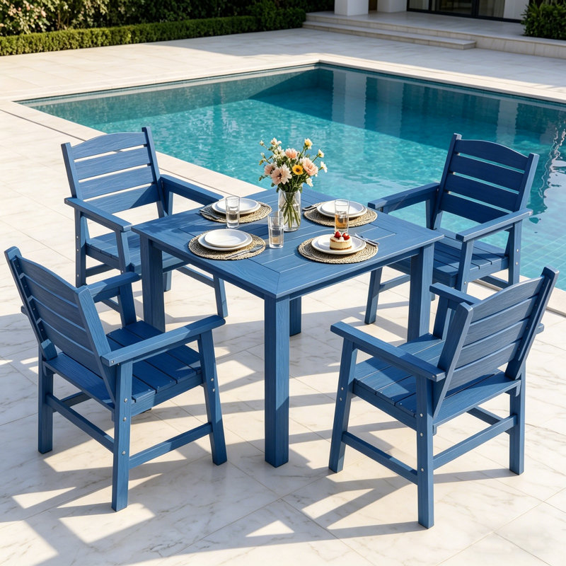 Ensemble de salle à manger de patio pour 4 personnes toutes saisons 5 pièces Ensemble de table d'extérieur et chaises d'extérieur avec cadre en aluminium pour l'extérieur, jardin, terrasse, bord de piscine, bleu