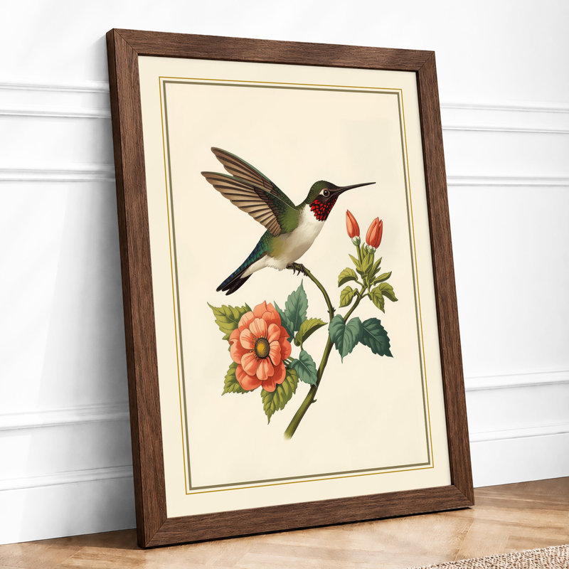 Hummingbird and Bloom Botanical - Framed Print, A3 - 42.0 x 29.7 cm, Walnut