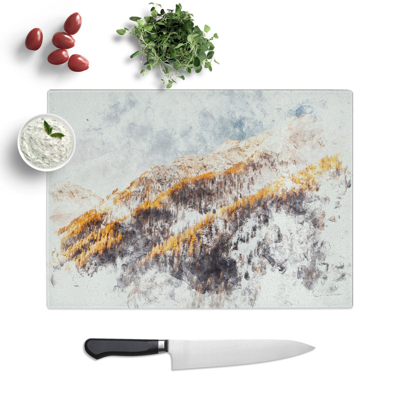 Tempered Glass Winter in the Mountains Watercolour Chopping Board, 28.5 cm x 39 cm
