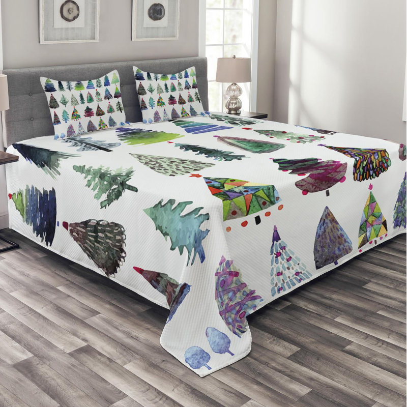 Queen White Watercolor Fir Trees Bedspread Set