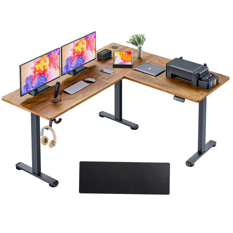 Olivia 63" L Shaped Electric Height Adjustable L Shaped Standing Desk, Brown/Black