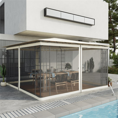 Moustiquaire de remplacement pour abri de jardin 13,1 pi x 13,1 pi, moustiquaire à fermeture à glissière 4 panneaux 6,8 h avec anneaux et crochets, polyester noir / beige pour l'extérieur