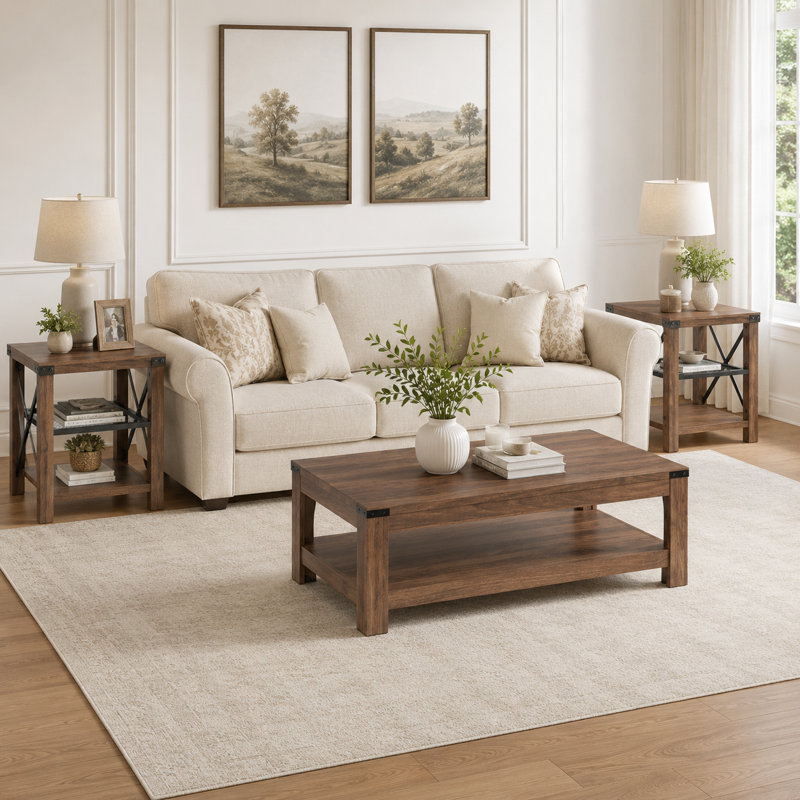 Ensemble de 3 tables de salon, 1 table basse et 2 tables de bout, Noyer foncé