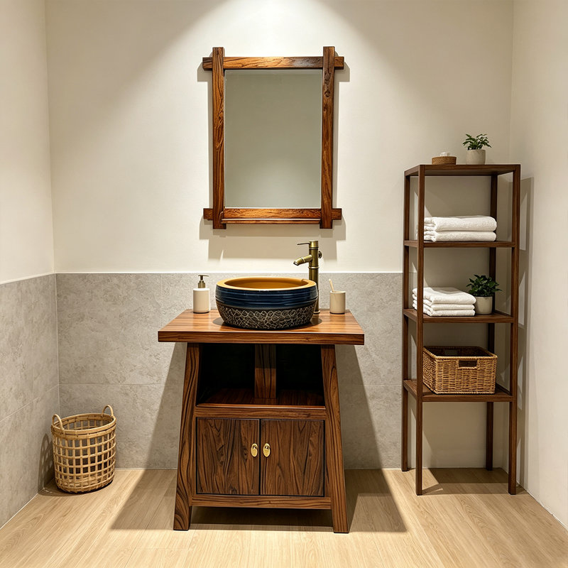 Nouveau meuble-lavabo en bois d'orme de style chinois avec lavabo en céramique