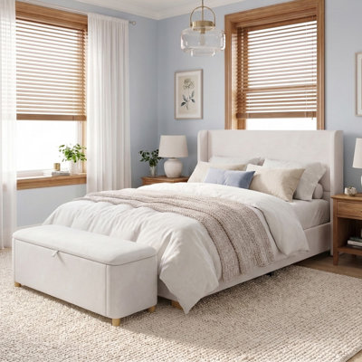 Ensemble de chambre à coucher 2 pièces avec lit plateforme en velours et repose-pieds en velours avec rangement