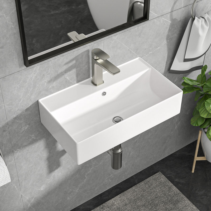 21" x 12" Wall Mount Bathroom Sink White Ceramic Rectangular Floating Vessel Sink with Overflow, 21" L x 12" W, Rectangular