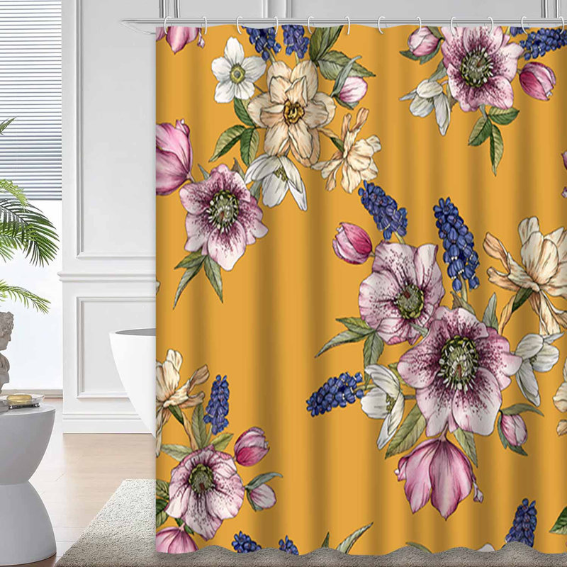 Rideau de douche à motif floral avec 12 crochets, L 72 po x l 72 po