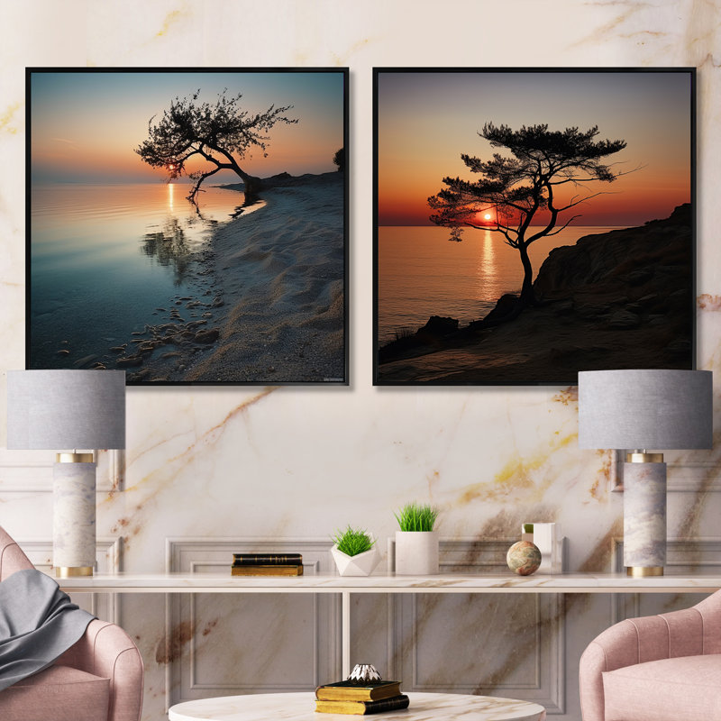 Coastal Tree Panorama - Coastal Sunset, Cadre flottant noir, H 16 po x l 33 po