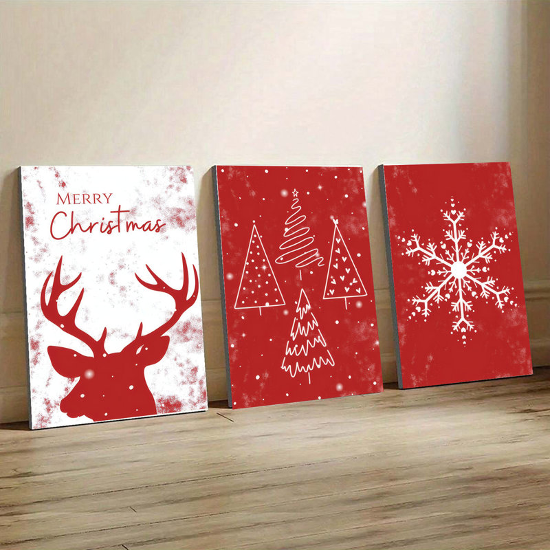 Ensemble de 3 affiches murales encadrées, décorations murales sur toile « Joyeux Noël », avec tête de renne rouge et blanche, flocon de neige et sapin de Noël. Décor moderne pour le salon, la chambre à coucher ou le bureau. Idée-cadeau de Noël festive.