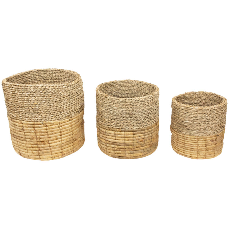Set Of 3 Tan And Brown Twist Woven Round Storage Baskets 13.75"