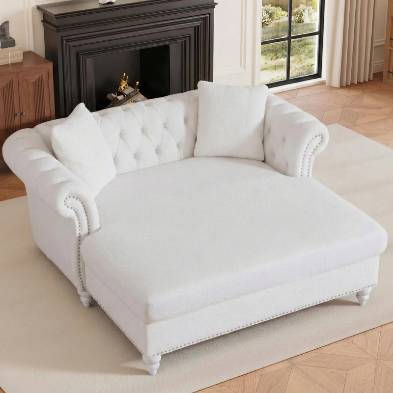 Canapé-lit Chesterfield de 63 po avec capitonnage à boutons, garniture cloutée et pieds en bois massif, Bois, Blanc