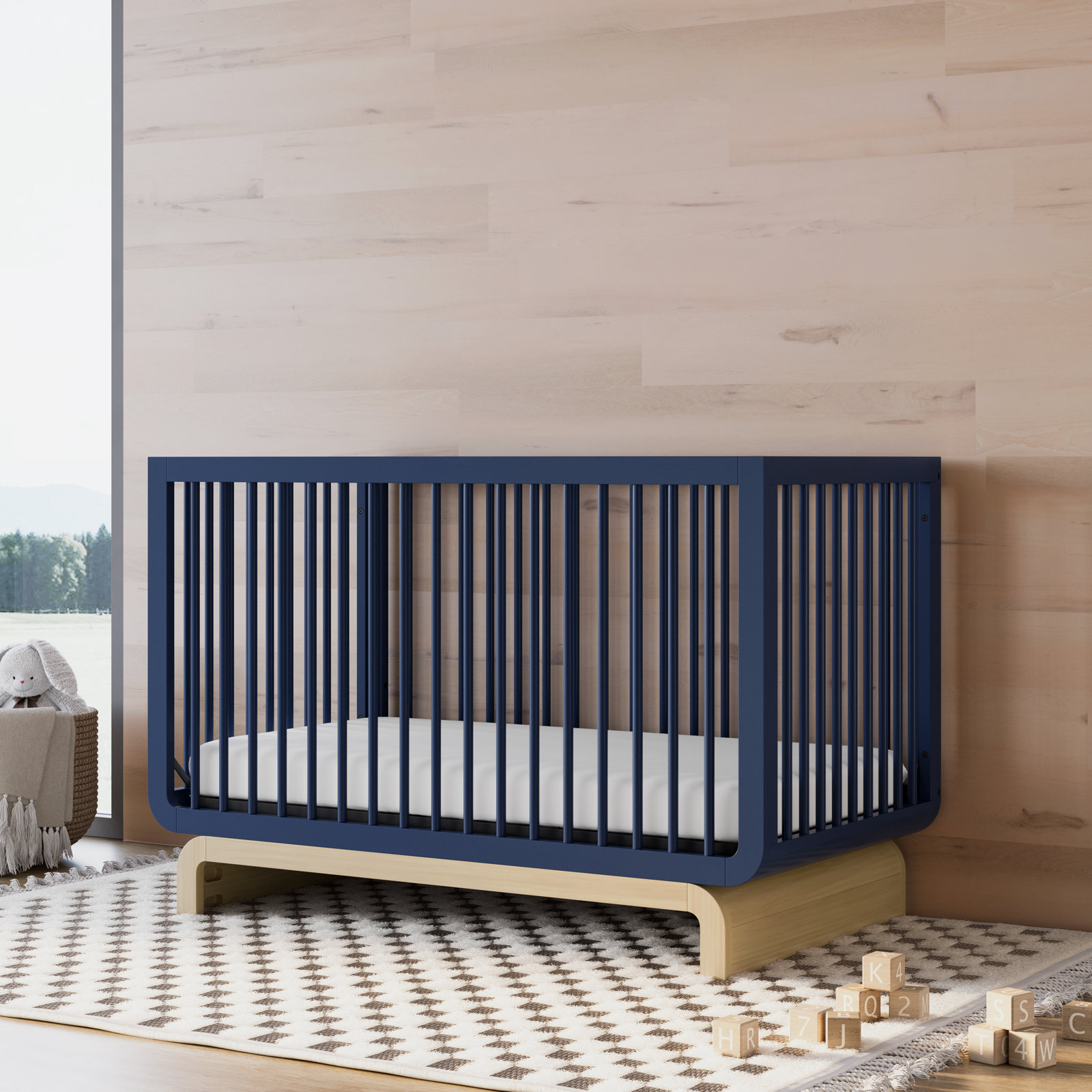 Santorini Pine 5-in-1 Convertible Crib, Midnight Blue/Driftwood, Crib + Mattress