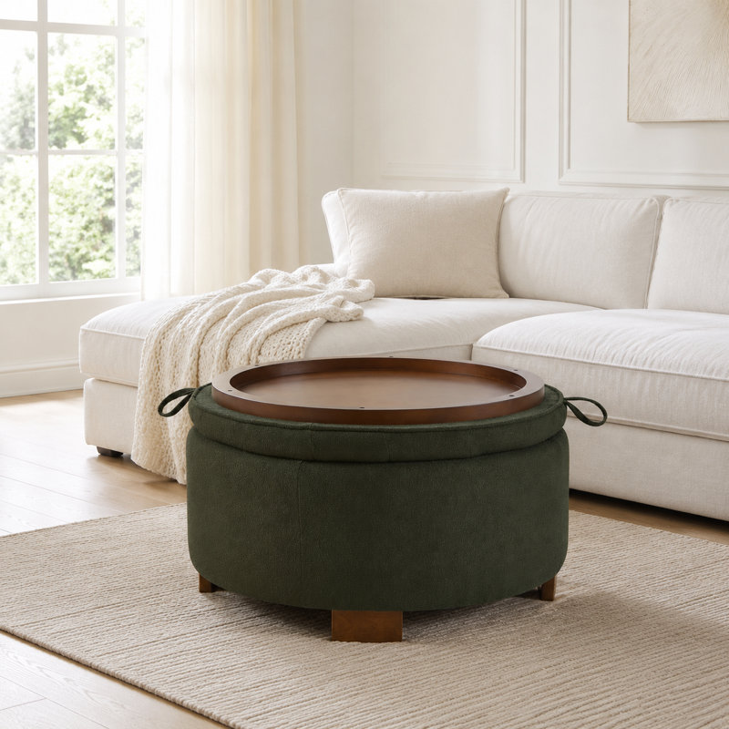 Repose-pieds de rangement rond multifonctionnel avec couvercle rabattable réversible, repose-pieds rembourré avec compartiment de rangement caché spacieux, pieds en bois robustes, siège supplémentaire double usage et table d'appoint