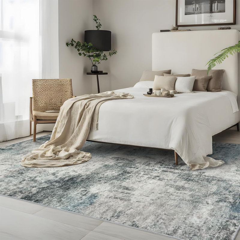 Willington Washable Abstract Area Rug, Low Pile Non Slip Stain Resistant Distressed Indoor Decor Carpet, Gray/Blue, Perfect for Living Room Bedroom Dining Room Entryway Office