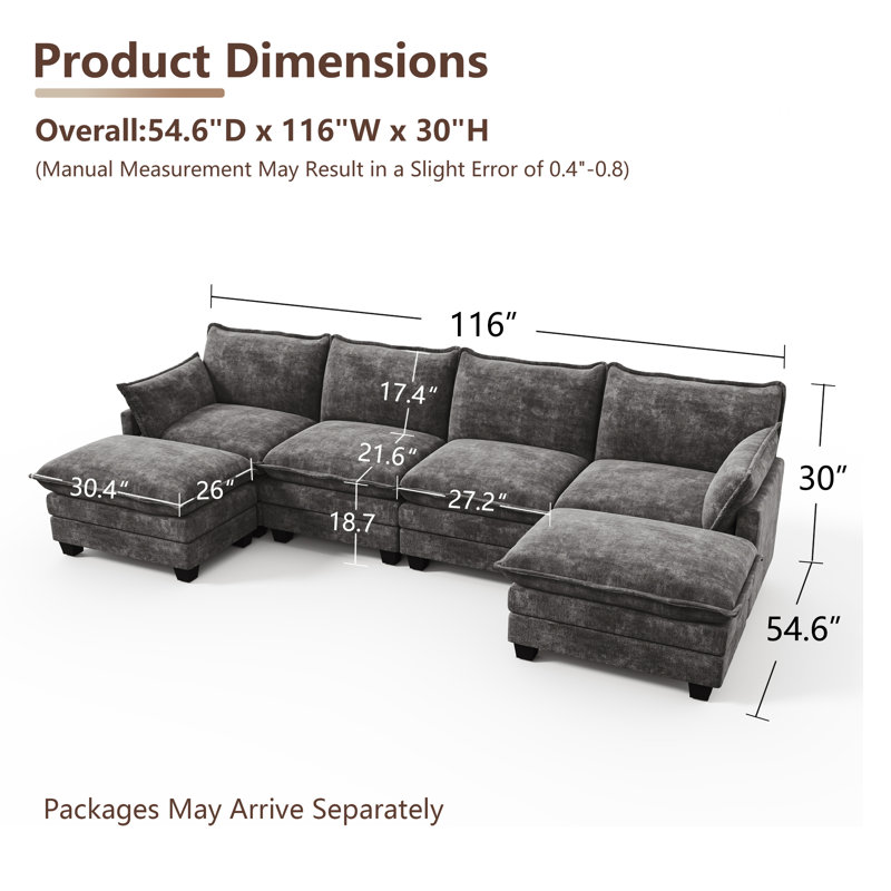 Canapé modulaire en forme de U 116,5 po, canapé modulaire confortable avec repose-pieds mobile pour le salon, Gris, 116.5" W