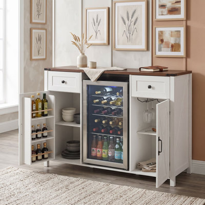 Farmhouse Buffet Sideboard with Mini Fridge Space, Power Outlet, Storage Coffee Bar Cabinet with Adjustable Shelf