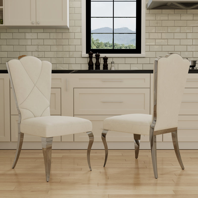 Ensemble de table de salle à manger de luxe blanc et argent avec chaises en velours blanc, 7
