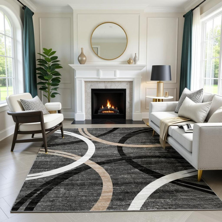 Tapis noir lavable à la machine Modern Wave Curve