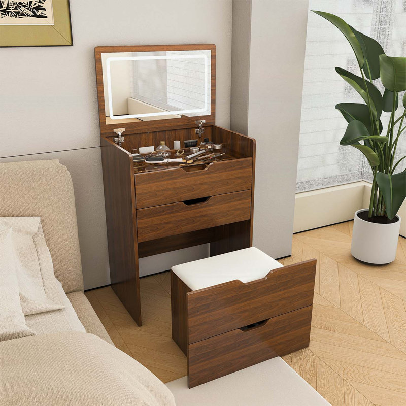 Bureau de coiffeuse 3-en-1 avec miroir éclairé et tabouret de rangement, coiffeuse compacte pour la chambre à coucher, la salle de bain ou le vestiaire (23 po, noyer)