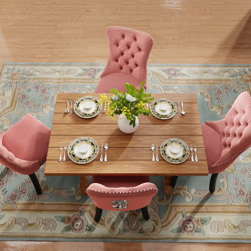 Chaises de salle à manger, chaise de salle à manger rembourrée haut de gamme avec anneau clouté, Noir, Velours rose, 4