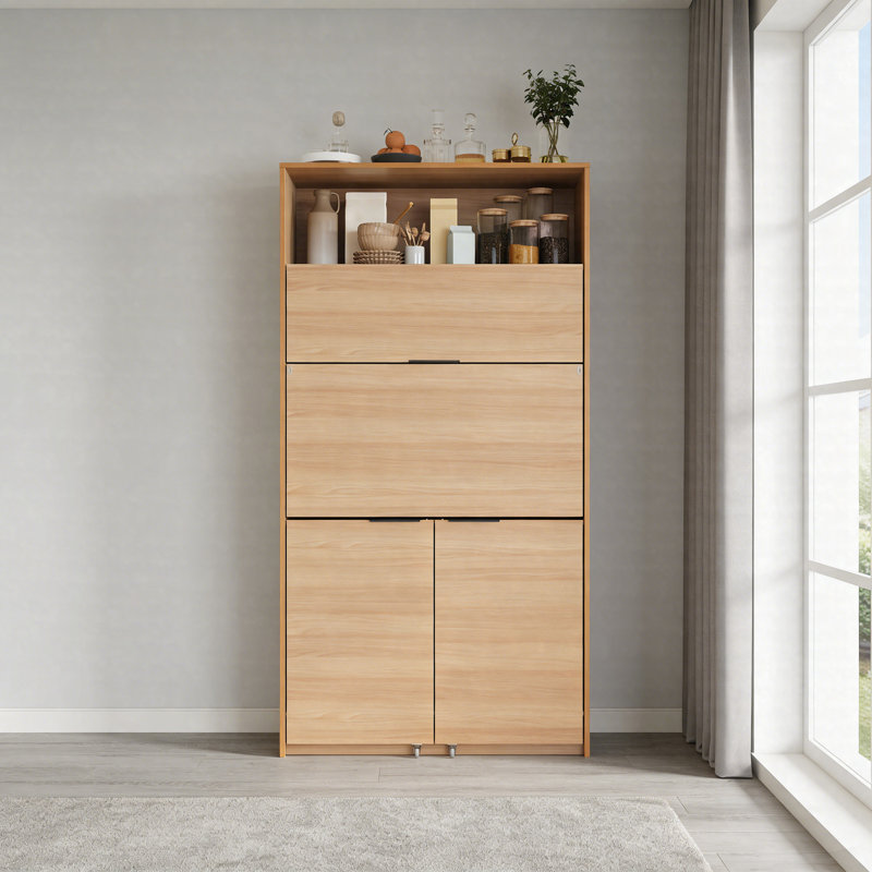 Armoire de cuisine compacte avec poste de travail rabattable, huche de buffet avec prise de courant et tablette réglable