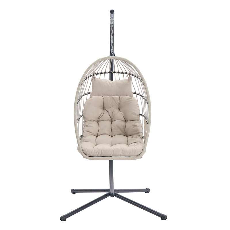 Height-Adjustable Hanging Egg Chair With Stand, Foldable Removable Basket, Cushion, Grey, White