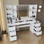 Meuble-lavabo de 54 po avec bande à DEL tricolore, 8 tiroirs et tablettes de rangement ouvertes, coiffeuse réglable pour femmes avec luminaire blanc, bois d'ingénierie E1, bureau en métal rouillé, miroir, table, tiroirs,