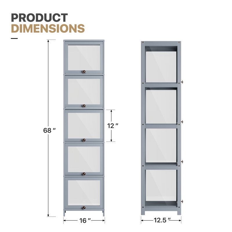 5-Tier Display Cabinet With Flip Up Door, Curio Cabinet Collection Display Shelf Showcase Bookcase, Gray  