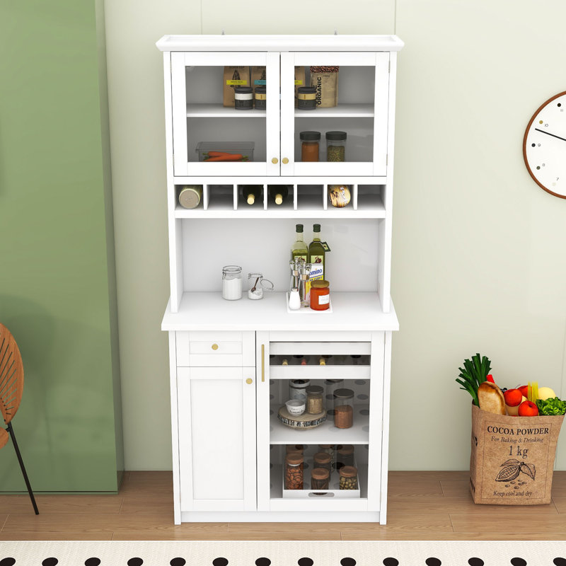 Garde-manger autoportant en bois avec portes en verre trempé, tablettes réglables et porte-bouteilles, Blanc